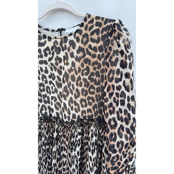 GANNI Leopard Print Babydoll Dress Size 38 Sz 6 Puff Sleeve Pleated Sheer Lined - Picture 10 of 10